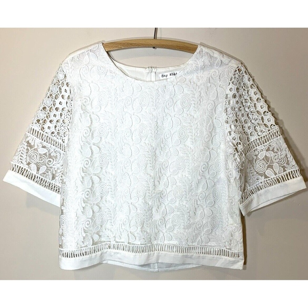 Say What Blouse‎ Top Womens Juniors Medium White Lace Sheer Crochet Boxy
